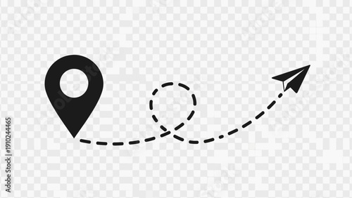 travel route icon, destination marker and paper airplane