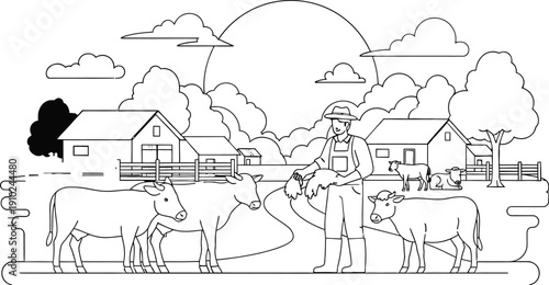 Farm scene with cows and farmer isolated on transparent background