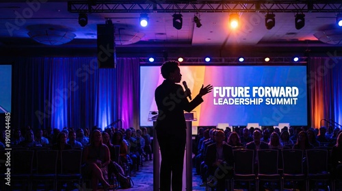 Silhouette of African American woman speaking at business dais concept. A speaker presenting at a leadership summit event.