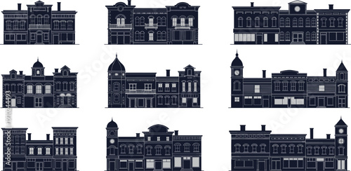 Black and White Vector Silhouette Collection of Historic Small Town Storefronts and Vintage Commercial Buildings for Heritage Main Street Urban Design Projects