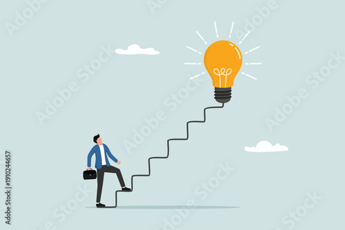 Creativity for business idea, thinking and brainstorm for new idea or opportunity, career path or goal achievement, businessman start walking on electricity line as stairway to big idea lightbulb.