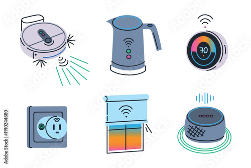 Smart home devices set with robot vacuum, kettle, thermostat, socket, curtain system and speaker. Flat cartoon vector illustrations, connected home technology, automation, modern everyday living