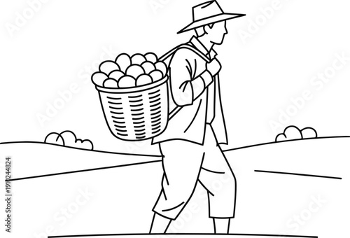 Man carrying a basket of potatoes isolated on transparent background