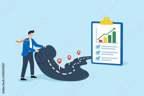 Flat illustration of businessman unrolling career road map with milestone marker and performance chart clipboard