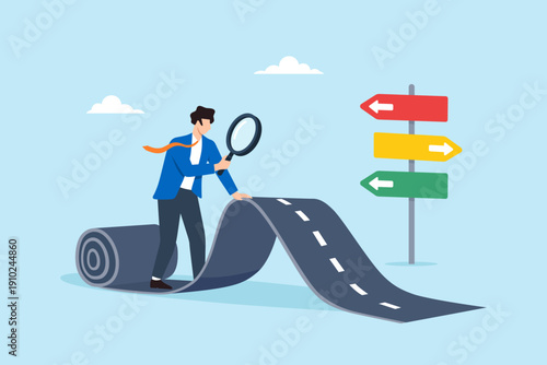 Flat illustration of businessman unrolling new road while examining directional signpost with magnifying glass career exploration opportunity search