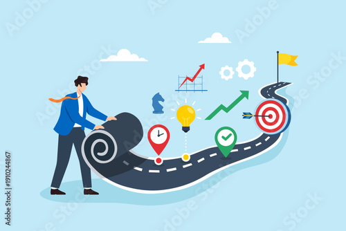 Flat illustration of businessman unrolling strategic roadmap beside timeline path with milestone icon and target career planning business strategy