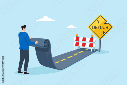 Flat illustration of businessman unrolling road facing detour sign and barrier obstacle career challenge and professional planning setback problem