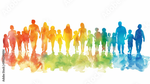 Watercolor silhouettes of adults and children holding hands together, perfect for family related designs, parenting materials, and unity themed projects.