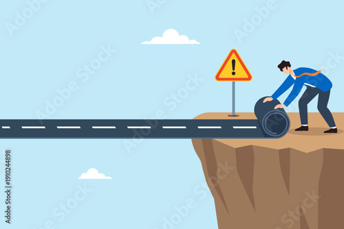 Flat illustration of businessman unrolling road approaching caution sign and cliff edge career risk warning uncertainty management and strategic decision awareness