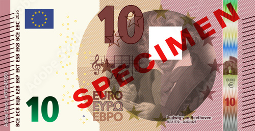 Vector fictional banknote in style of European Union. New note of 10 euros.  Money of Europe. Denomination of ten. Obverse of bill. Musician. 2026