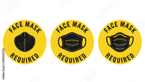 face mask required signs, yellow circle, black mask, health safety