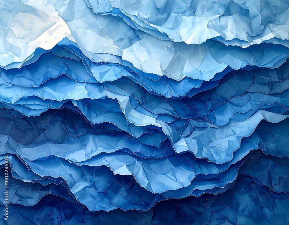 Fototapeta premium Abstract artwork showcasing layers of crumpled paper in varying shades of blue, creating a textured and dynamic composition