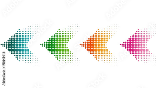 colorful halftone arrows on white, direction concept