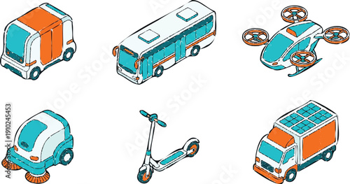 van, bus, drone, car, scooter, truck in 3D style