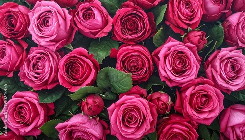 A lush, vibrant display of deep pink and crimson roses