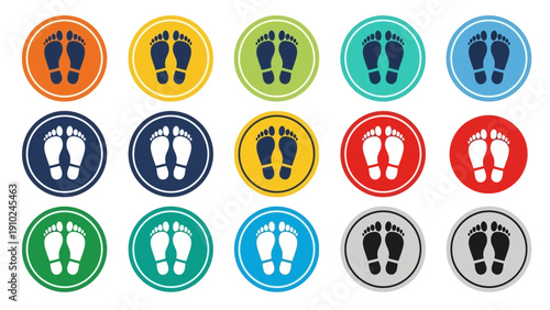 footprints in circles, colorful floor markers, social distancing concept