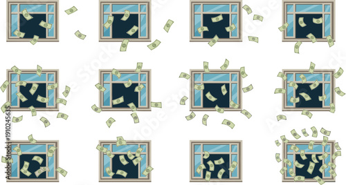 Conceptual Vector Collection of Various Windows with Cash Banknotes Flying Out Symbolizing Financial Waste, High Energy Costs, Overspending, and Lost Investment Opportunities