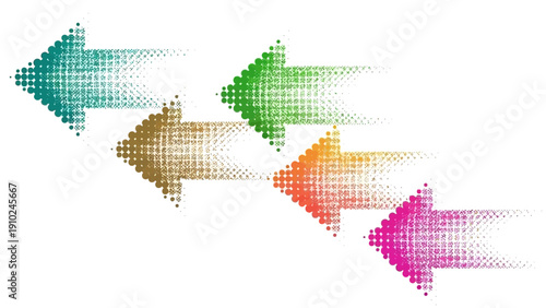 colorful arrows pointing left, halftone design, movement concept