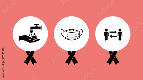 covid-19 safety measures icons, wash hands, wear mask, social distance