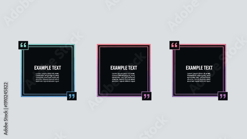 Quote boxes with text, black squares and quotation marks