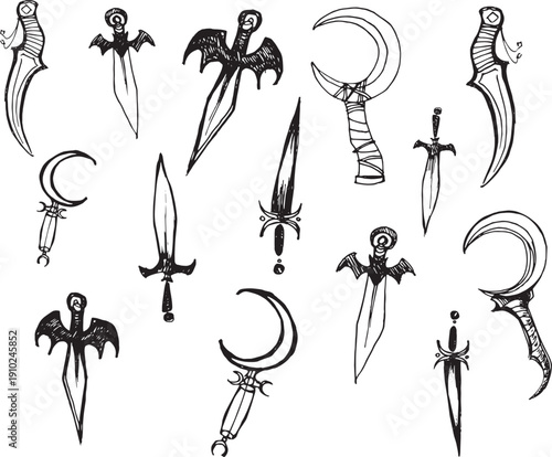 Hand-drawn black and white line art set of medieval cold weapons in dark fantasy style knife bat wings sword sickle Simplified comic-style icon sketches with bold contour outlines Halloween clipart 