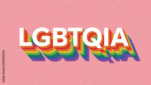 lgbtqia rainbow text on pink background, pride month concept