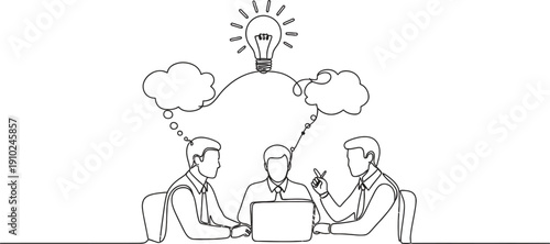 Two men sitting at a table with a lightbulb idea isolated on transparent background