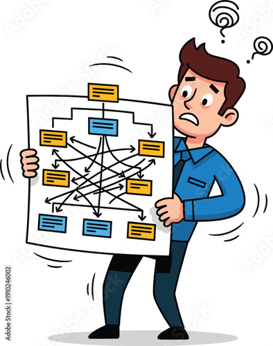 Confused Office Worker Holding Complex Flowchart Illustration Representing Business Stress, Information Overload, Problem Solving Challenges, Management Chaos, and Difficult Corporate Decision Making