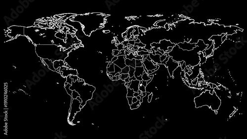 world map outline, black background, geography, continents