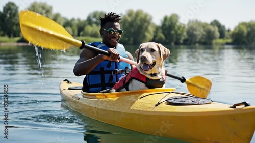 A man and his canine companion enjoy a sunny day of kayaking on a lake, both wearing safety vests