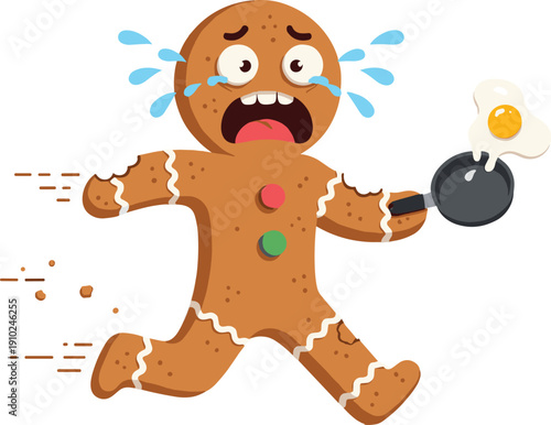 Crying Gingerbread Man Character Running in Panic While Holding a Frying Pan with a Fried Egg Representing Kitchen Fails, Cooking Stress, and Humor