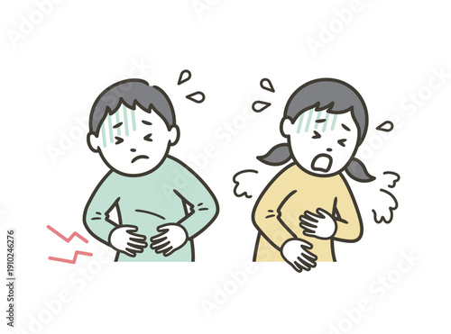 ノロウィルスや食中毒などで腹痛が起こる男の子と嘔吐する女の子
