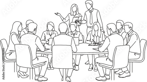 A black and white illustration of a group of people in a meeting isolated on transparent background
