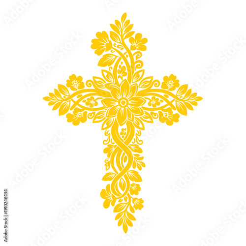Ornate Yellow Cross with Floral Patterns.