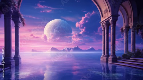 Ancient colonnade over reflective water with a giant fantasy moon and colorful sunset sky in a surreal landscape illustration