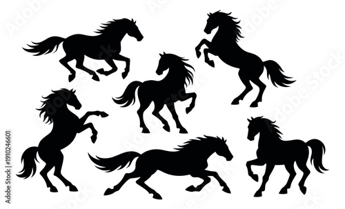 Dynamic silhouette horse set featuring galloping and rearing horses for equestrian designs and branding