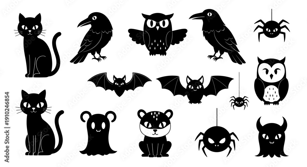 Fototapeta premium Collection of Spooky Halloween Silhouettes Featuring Cats Owls Crows Bats and Spiders.