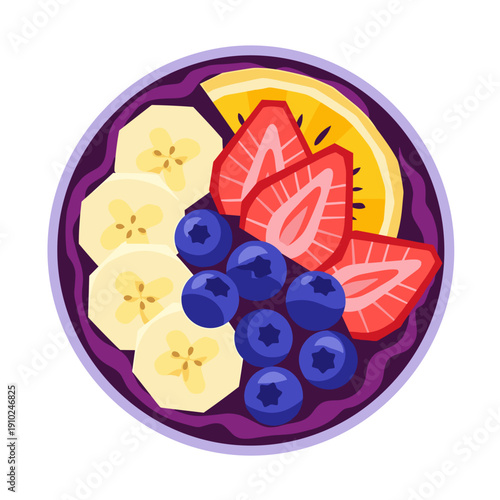 Illustration of an acai bowl with vibrant fruits, including bananas, blueberries, and strawberries, isolated on a white background, drink