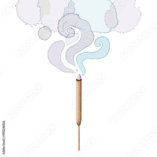 Isolated sandalwood incense stick with swirling smoke on a white background, artistic illustration capturing tranquility and elegance