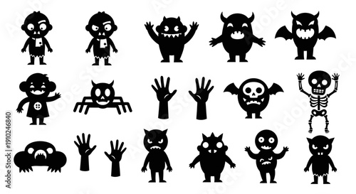 Collection of Spooky Halloween Monsters and Zombie Hands Silhouettes.