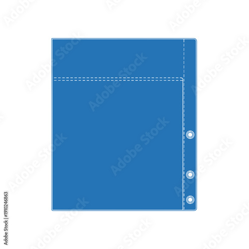 Blue sheet protector isolated on white background with three-ring holes and stitched edges, showcasing office supply design