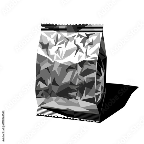 Crumpled foil pouch standing isolated against a white background, showcasing shiny metallic texture and angular shadows