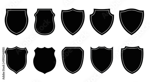 Collection of ten black shield shapes with white outlines.