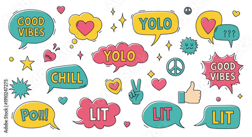 Colorful Hand-Drawn Speech Bubbles with Trendy Slang Words and Emojis.