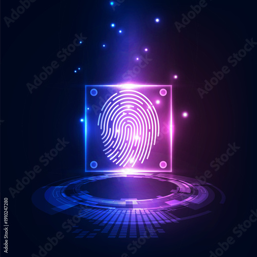 Biometric Identification Technology: Glowing Pink and Blue Fingerprint Scan on Futuristic Digital Pedestal
