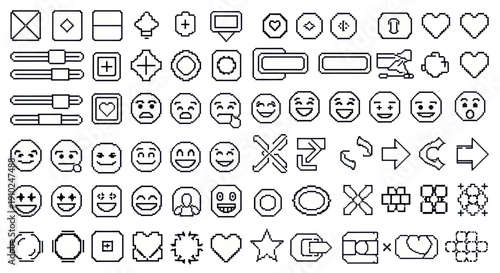 Diverse collection of outlined user interface icons and emojis.