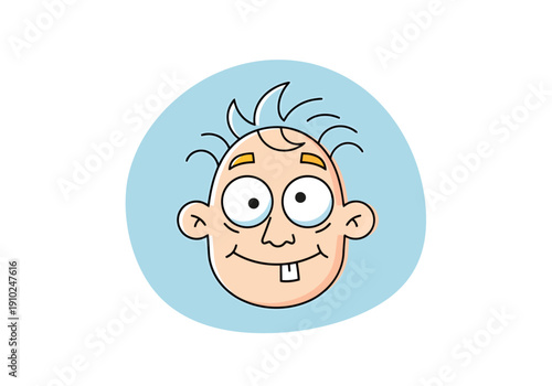 Funny Cartoon Baby Face Expressing Surprise and Delight With Big Eyes and Two Front Teeth Visible Against a Light Blue Circle Background