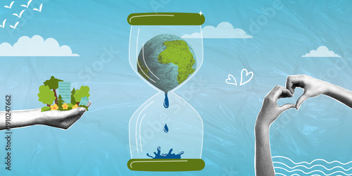 Time for our planet. Trendy halftone collage. Concept of environmental protection and conservation of natural resources. Vector illustration.