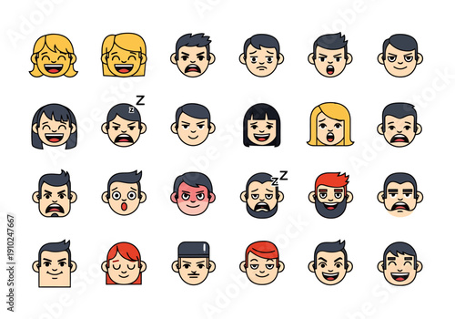 Collection of Diverse Expressive Cartoon Faces Representing Different Emotions and Moods for Communication and Design Elements
