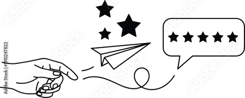 Black and White Line Art Illustration Featuring a Hand Launching a Paper Plane Towards a Five Star Review Speech Bubble for Customer Feedback Design